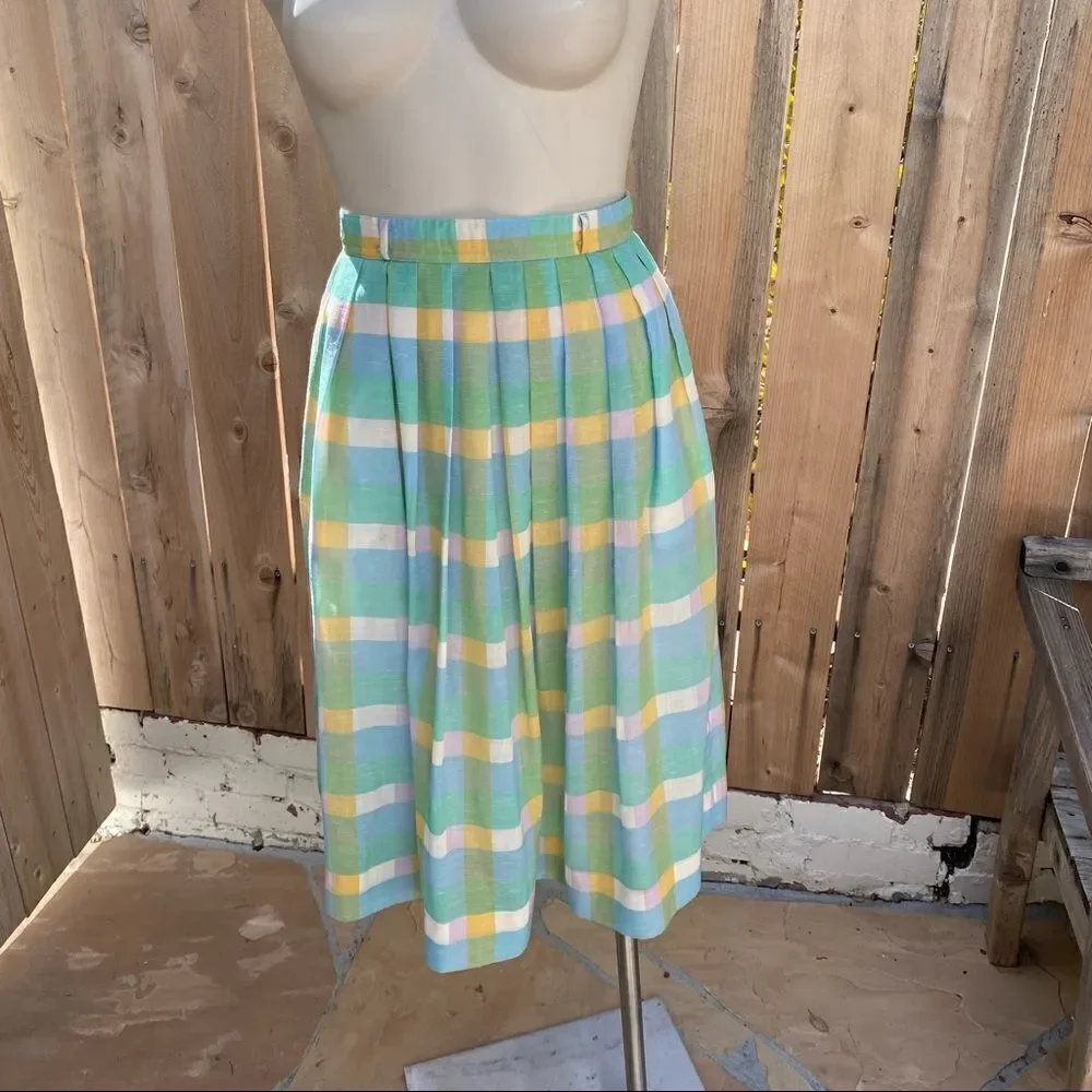 Vintage 70’s Pastel Blue green Yellow White Plaid Pleated Midi Skirt